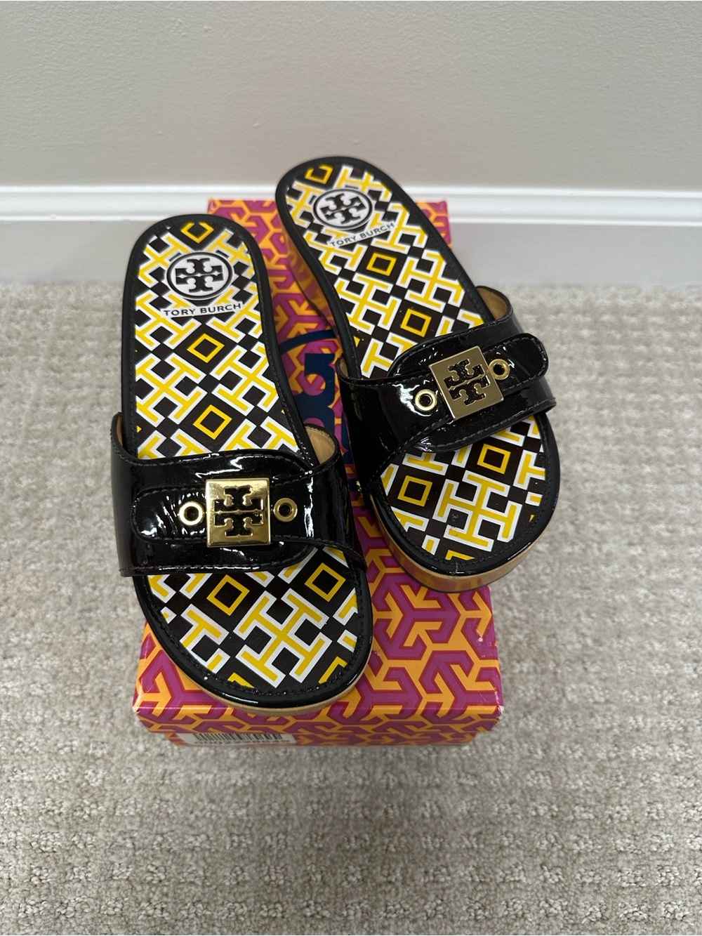 Tory Burch Coconut Brown Logo Slide Sandals with Patterned Insole